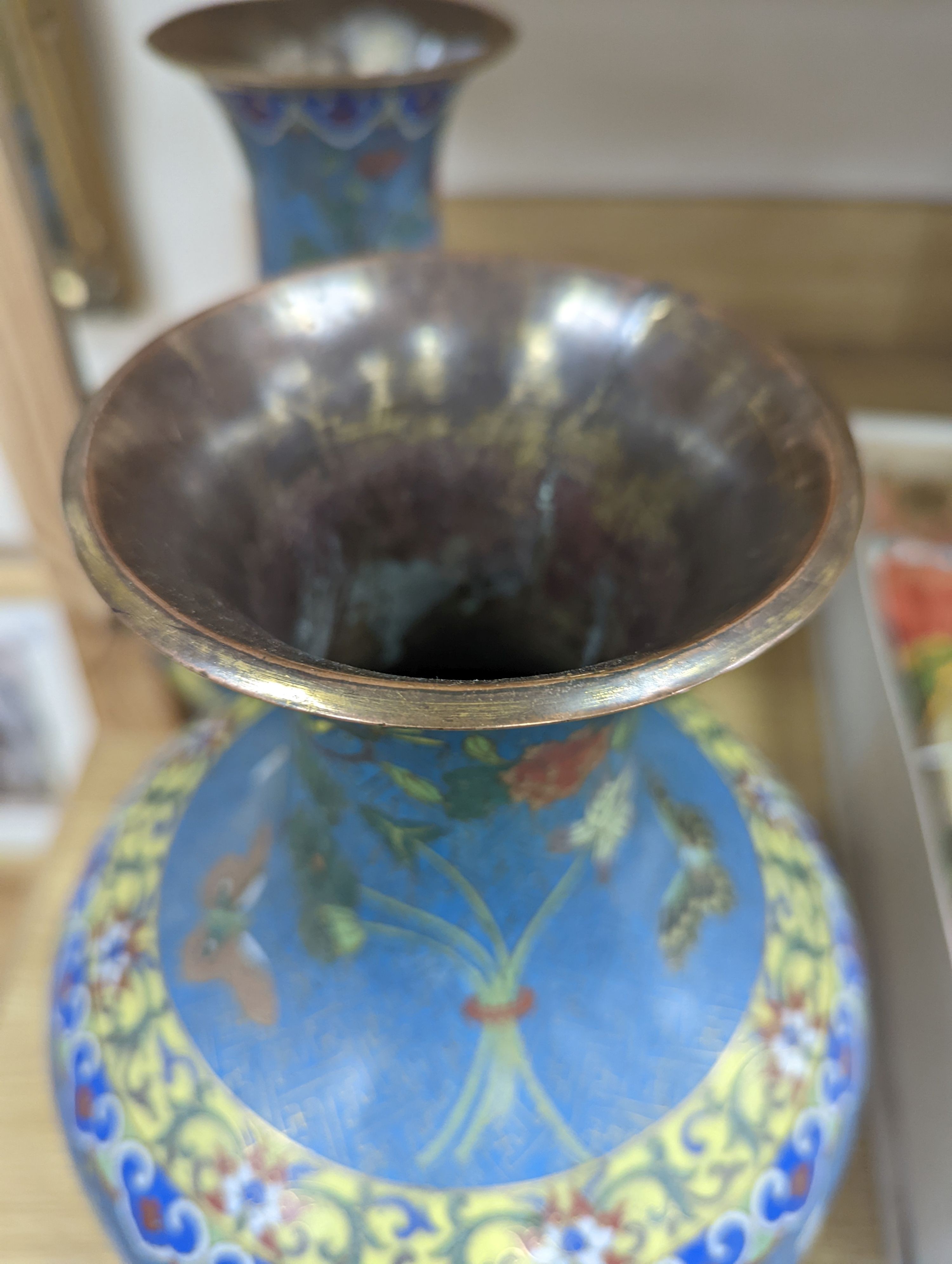 A pair of late 19th/early 20th century Chinese cloisonné enamel ‘Buddhist emblems’ vases 36cm